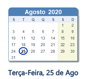 25 Agosto 2020 calendario
