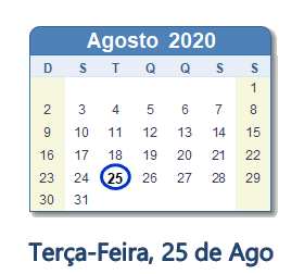 25 Agosto 2020 calendario