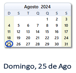 25 Agosto 2024 calendario