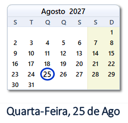 25 Agosto 2027 calendario