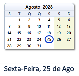 25 Agosto 2028 calendario