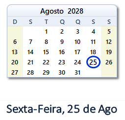 25 Agosto 2028 calendario