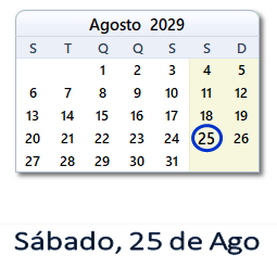 25 Agosto 2029 calendario