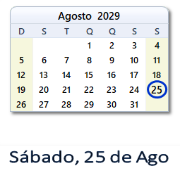 25 Agosto 2029 calendario