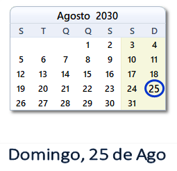 25 Agosto 2030 calendario
