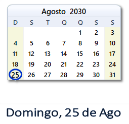 25 Agosto 2030 calendario