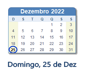 25 de Dez, 2022 Calendário com Feriados e Cont. Regressiva - BRA
