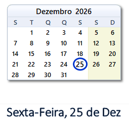 25 Dezembro 2026 calendario
