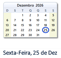 25 Dezembro 2026 calendario