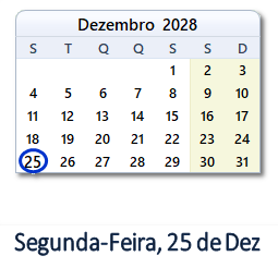 25 Dezembro 2028 calendario
