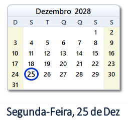 25 Dezembro 2028 calendario