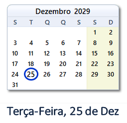 25 Dezembro 2029 calendario