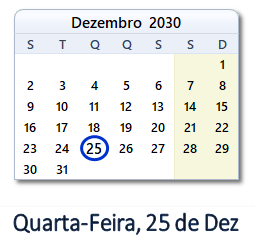 25 Dezembro 2030 calendario