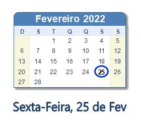 25 Fevereiro 2022 calendario