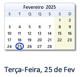 25 Fevereiro 2025 calendario
