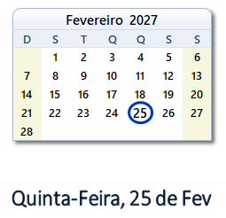 25 Fevereiro 2027 calendario
