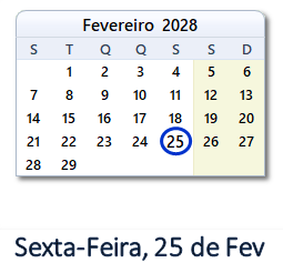 25 Fevereiro 2028 calendario