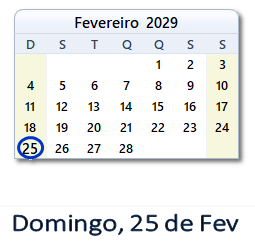 25 Fevereiro 2029 calendario