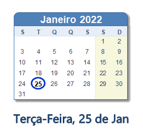 25 Janeiro 2022 calendario