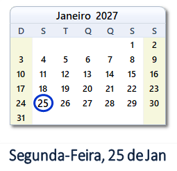 25 Janeiro 2027 calendario