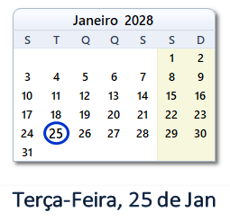 25 Janeiro 2028 calendario