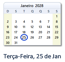 25 Janeiro 2028 calendario