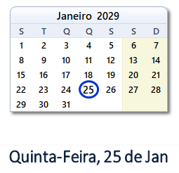 25 Janeiro 2029 calendario