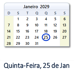25 Janeiro 2029 calendario