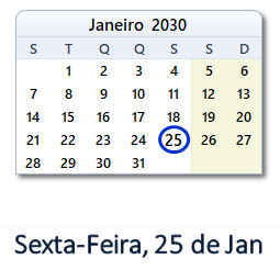25 Janeiro 2030 calendario