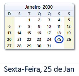25 Janeiro 2030 calendario