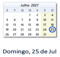 25 Julho 2027 calendario