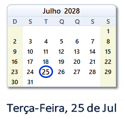 25 Julho 2028 calendario