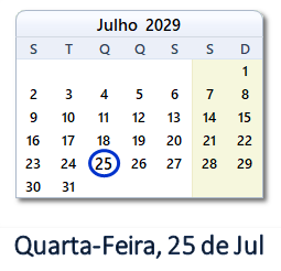 25 Julho 2029 calendario