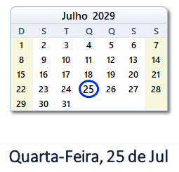 25 Julho 2029 calendario