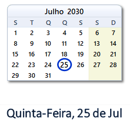 25 Julho 2030 calendario