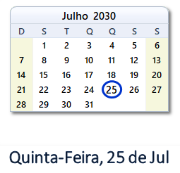 25 Julho 2030 calendario