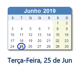 25 Junho 2019 calendario
