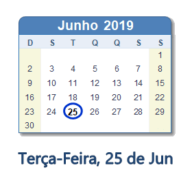25 Junho 2019 calendario