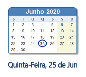 25 Junho 2020 calendario