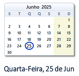 25 Junho 2025 calendario