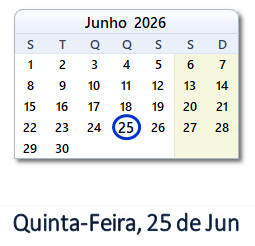 25 Junho 2026 calendario