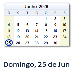 25 Junho 2028 calendario