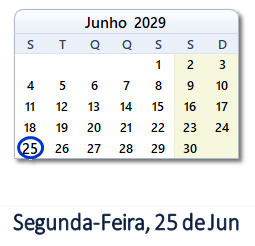25 Junho 2029 calendario