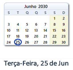 25 Junho 2030 calendario