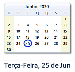 25 Junho 2030 calendario