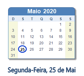 25 Maio 2020 calendario