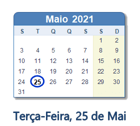 25 Maio 2021 calendario