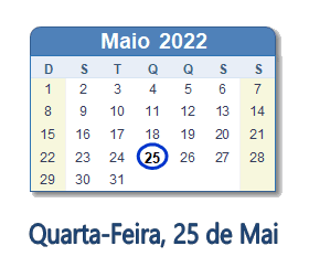 25 Maio 2022 calendario