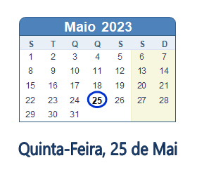 25 Maio 2023 calendario