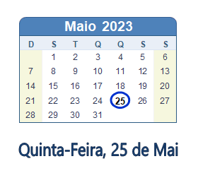 25 Maio 2023 calendario